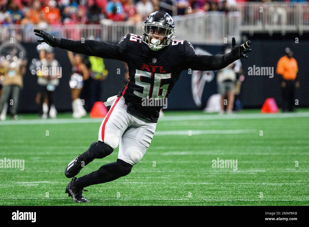 Atlanta Falcons linebacker Quinton Bell (56) works during the