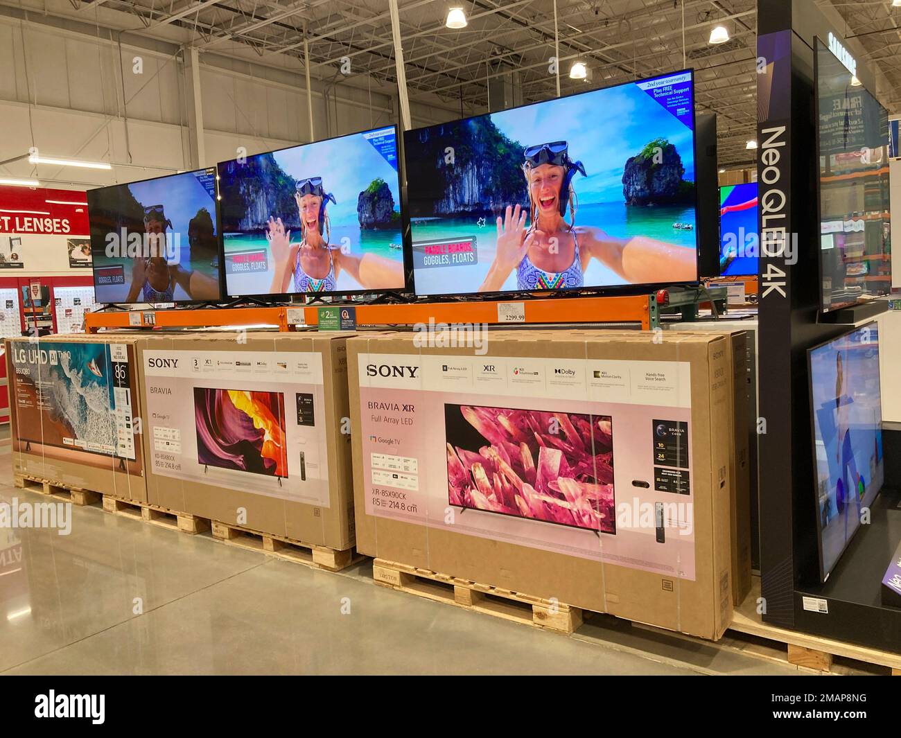 Hold For Biz—Bigscreen Sony televisions sit on display in a Costco