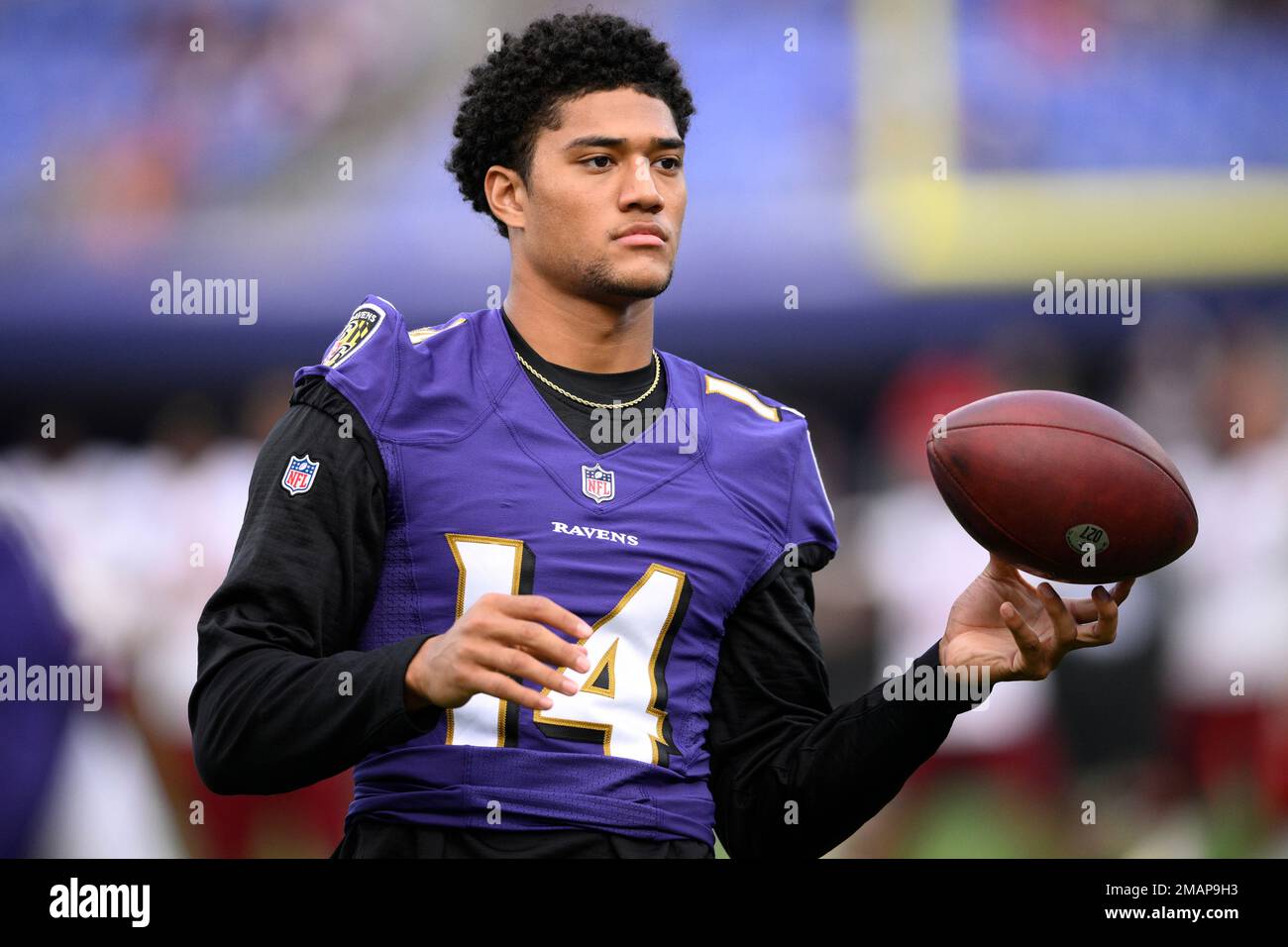 Baltimore Ravens safety Kyle Hamilton (14) looks on before a preseason NFL  football game against the Washington Commanders, Saturday, Aug. 27, 2022,  in Baltimore. (AP Photo/Nick Wass Stock Photo - Alamy