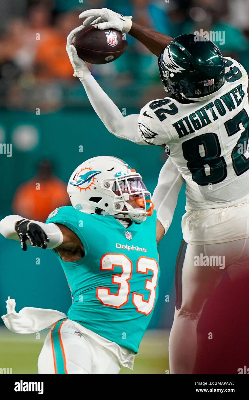 Miami Dolphins cornerbacks Elijah Hamilton, left, 33, and Trill