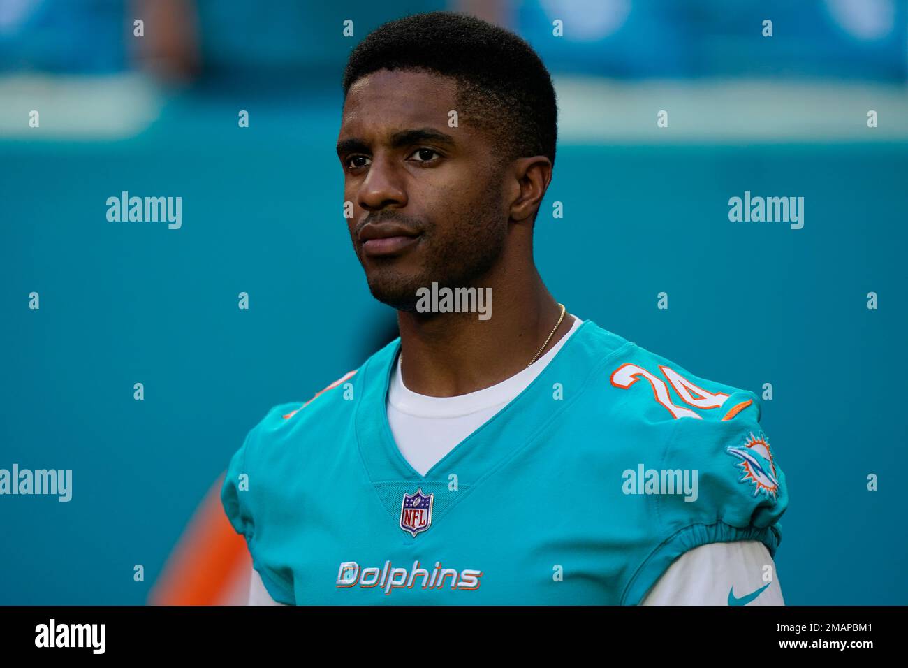 Miami Dolphins cornerback Byron Jones enters the field before a NFL