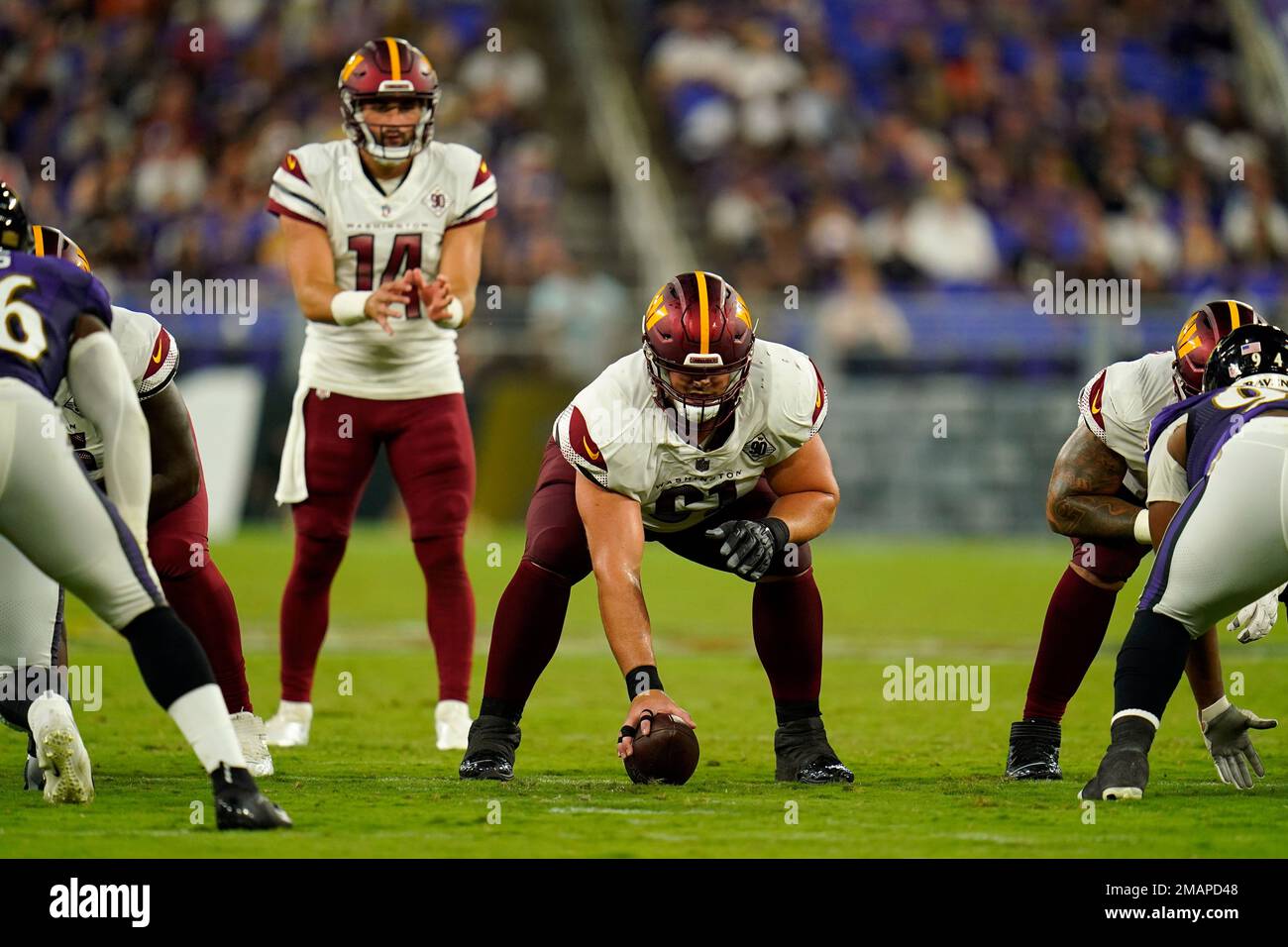 Washington Commanders guard Trai Turner (53) blocks during an NFL football  game against the Jacksonville Jaguars, Sunday, Sept. 11, 2022 in Landover.  (AP Photo/Daniel Kucin Jr Stock Photo - Alamy