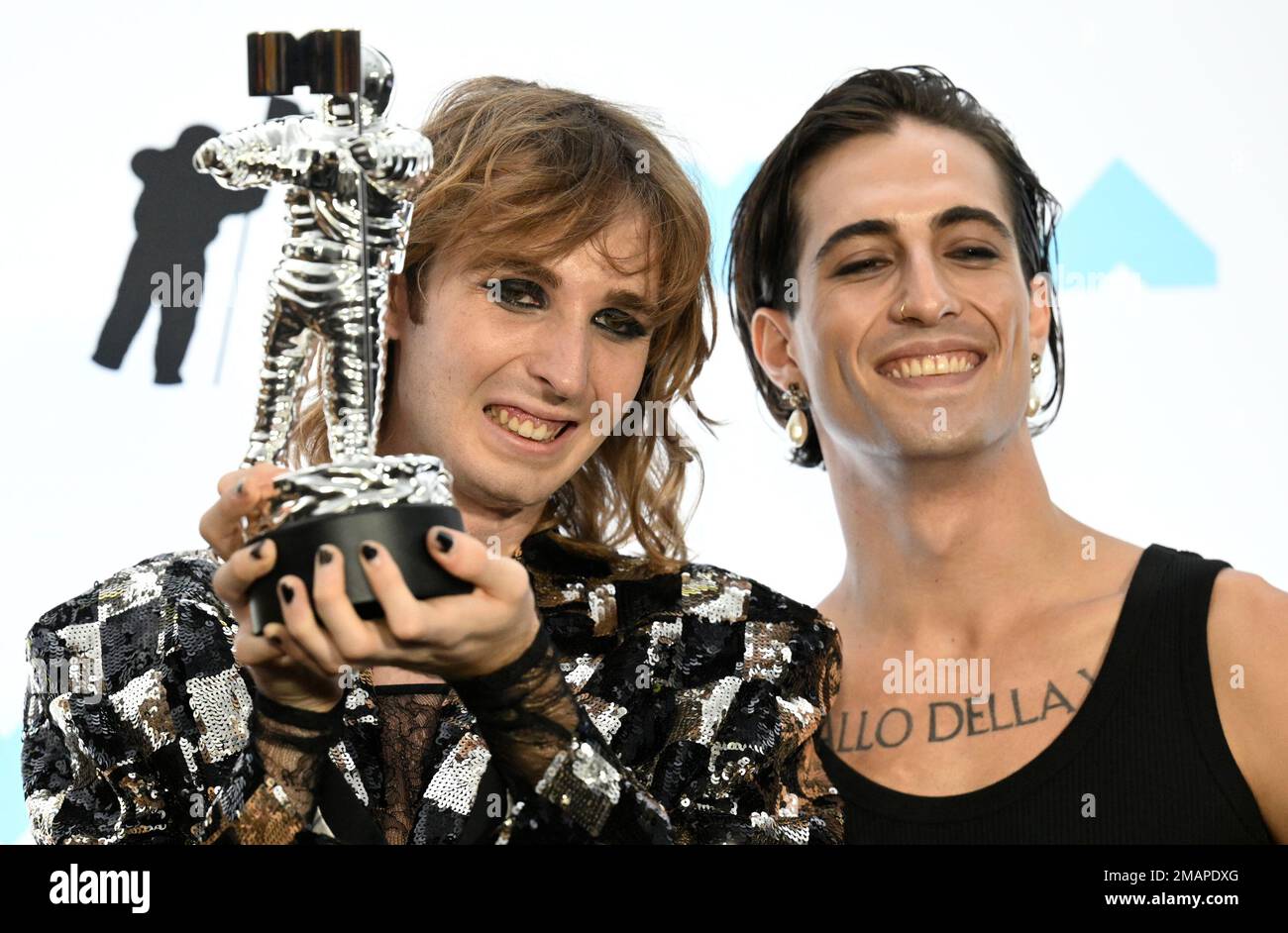 Thomas Raggi, left, and Damiano David, of Maneskin, winners of the ...