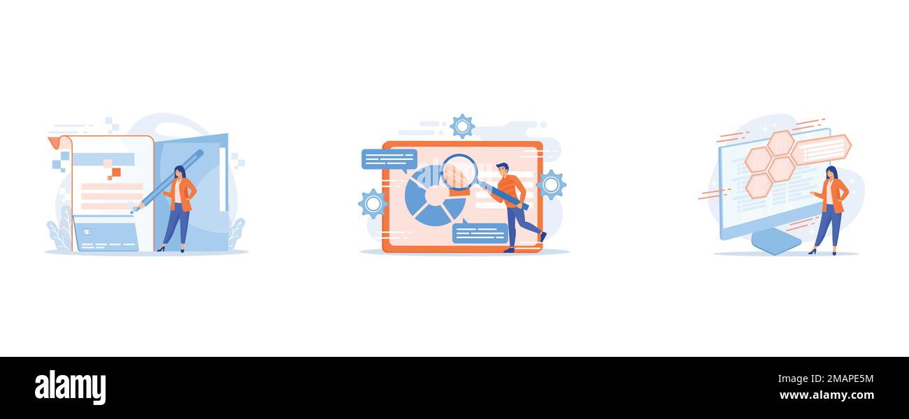 Documents filling, Business documents scanning, Web development and coding, set flat vector modern illustration Stock Vector