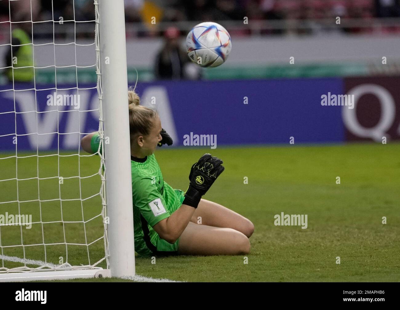 Netherlands' goalkeeper Lisan Alkemade stops a penalty shot by Brazil's Tarciane during the