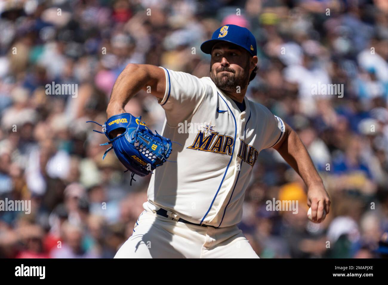 Seattle Mariners starter Robbie Ray delivers a pitch during a baseball game  against the Cleveland Guardians, Sunday, Aug. 28, 2022, in Seattle. The  Mariners won 4-0. (AP Photo/Stephen Brashear Stock Photo - Alamy