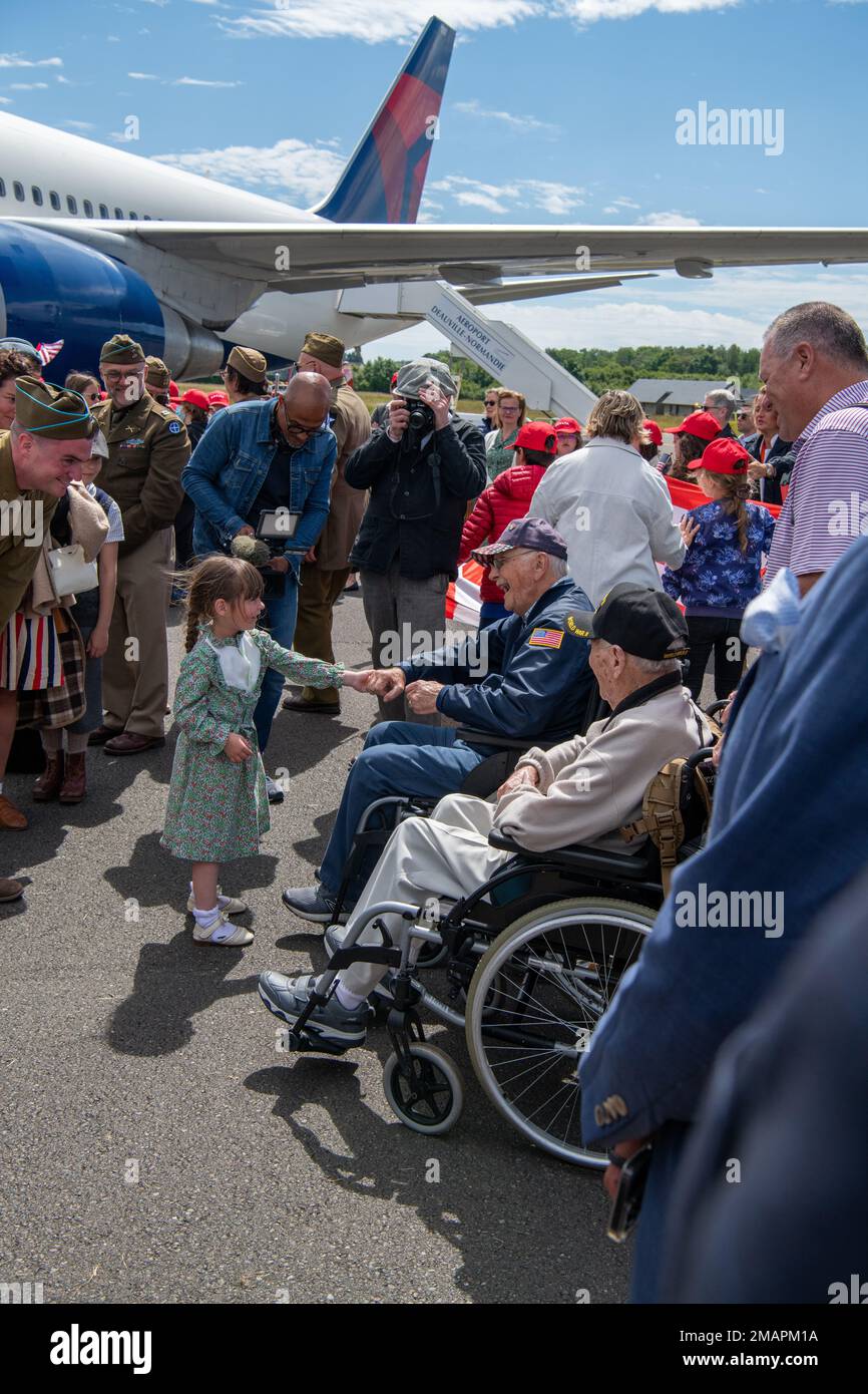 World War II Veterans greet French and Americans at a welcoming ceremony June 2, 2022 at Aéroport de Deauville Saint Gatien des Bois, France. Together, the US and our indispensable European allies are demonstrating the strength of alliance and dedicated resolve borne out of D-Day 78 years ago and forged over almost eight decades of combat-credible cooperative security. Stock Photo