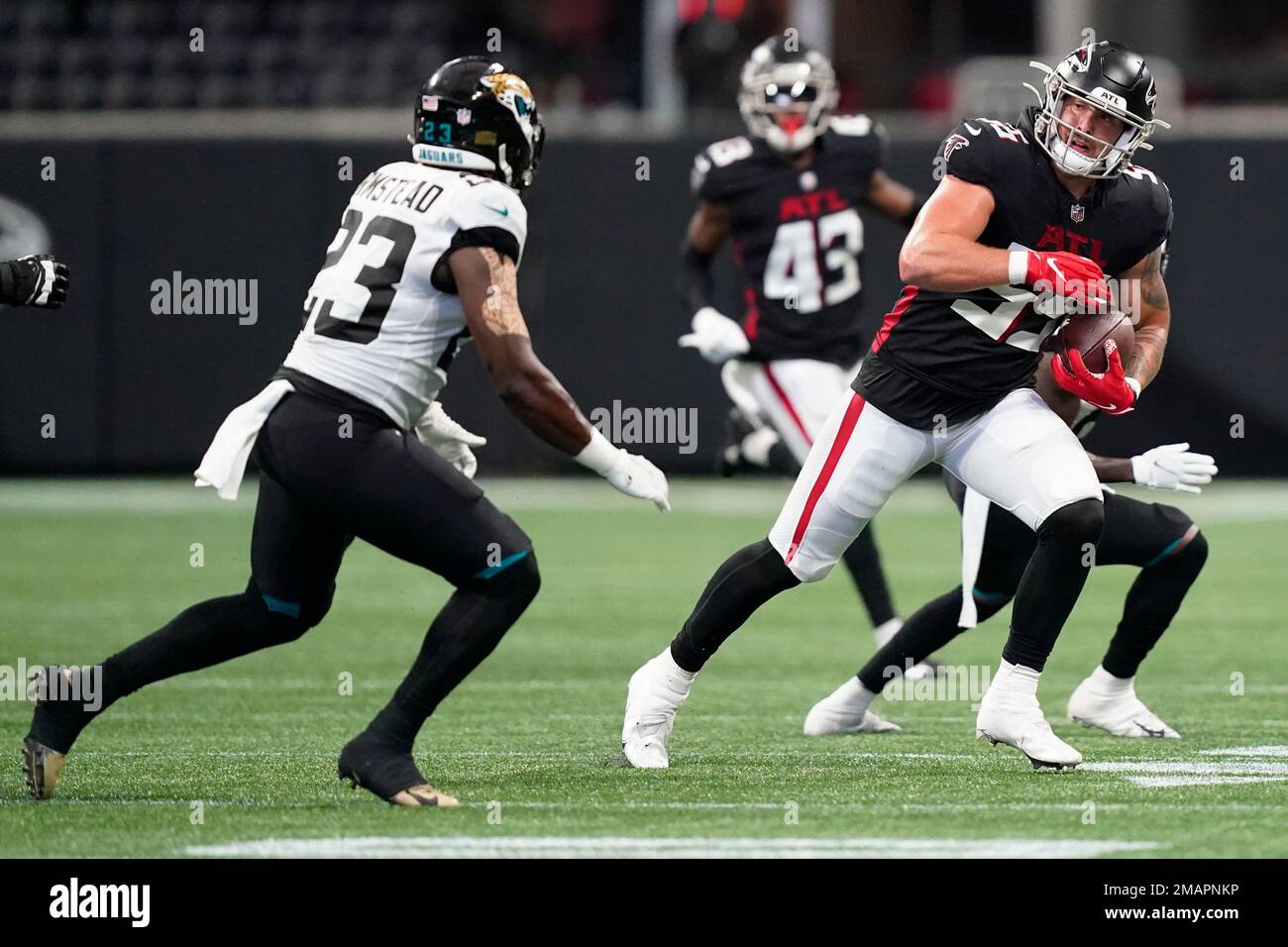 Atlanta Falcons linebacker Nathan Landman (55) lines up during the