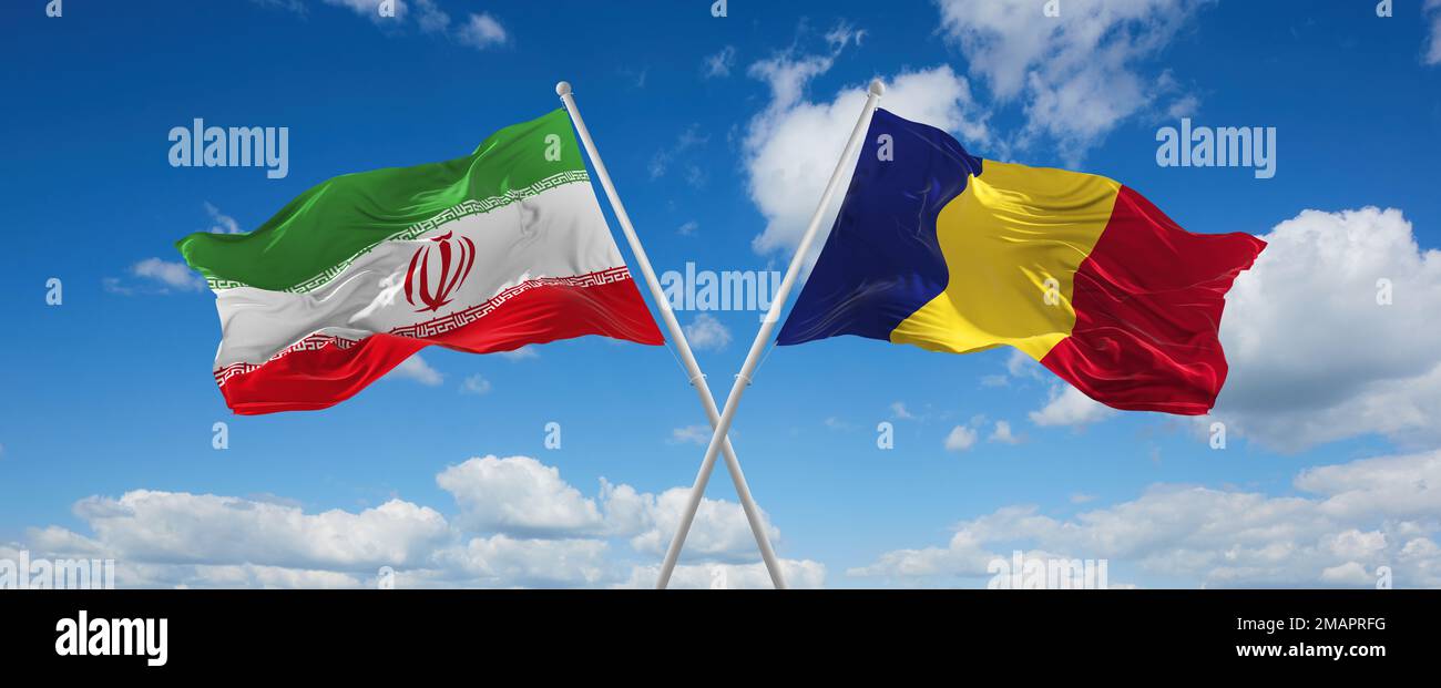 two crossed flags romania and Iran waving in wind at cloudy sky. Concept of relationship, dialog, travelling between two countries. 3d illustration Stock Photo