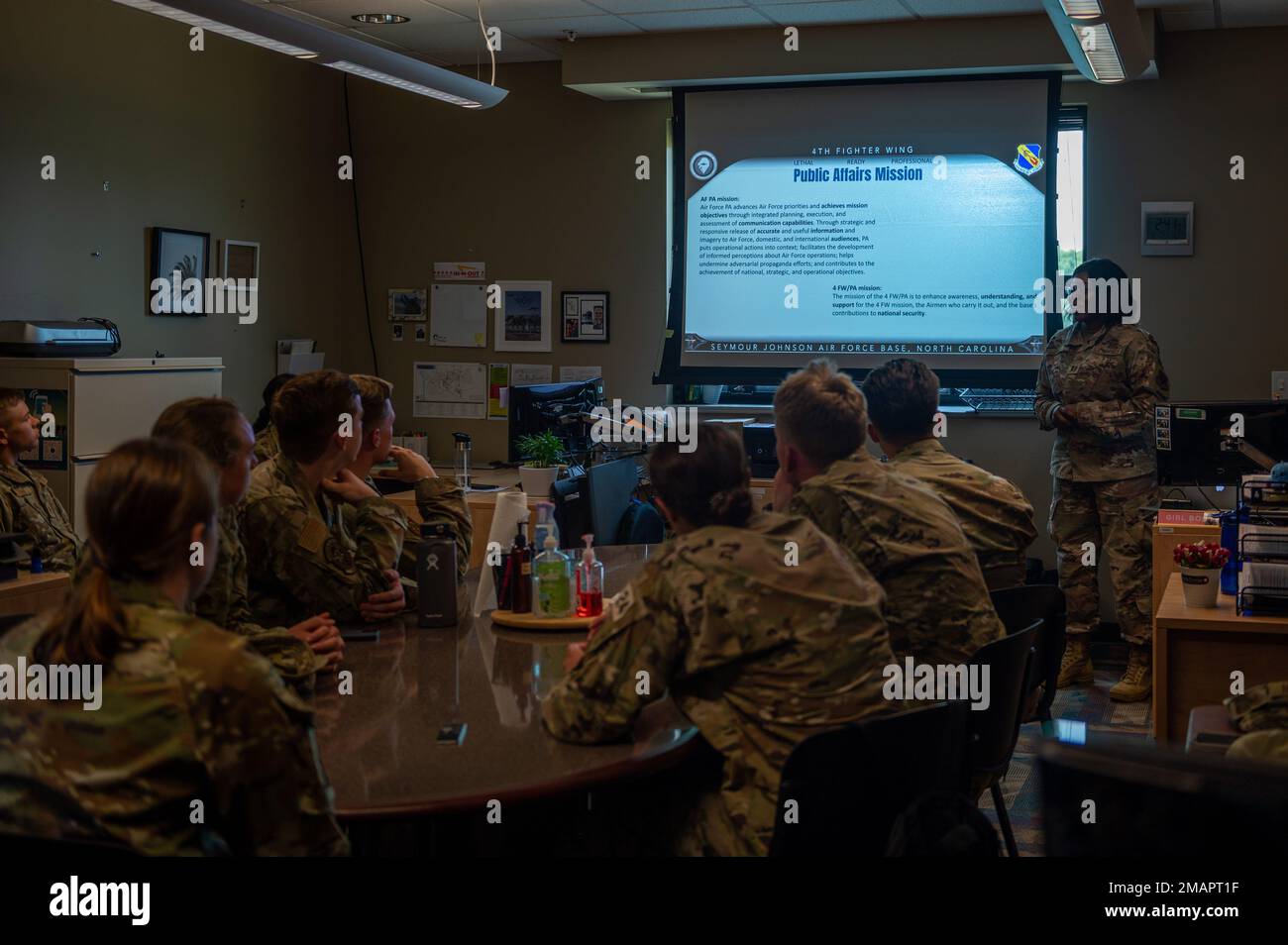 Capt. Tisha Yates, 4th Fighter Wing public affairs chief, briefs 