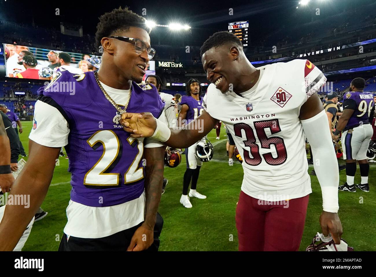 Baltimore Ravens cornerback Damarion Williams (22) looks on during pre-game  warm-ups before a NFL football game against the Miami Dolphins, Sunday,  Sept. 18, 2022, in Baltimore. (AP Photo/Terrance Williams Stock Photo 