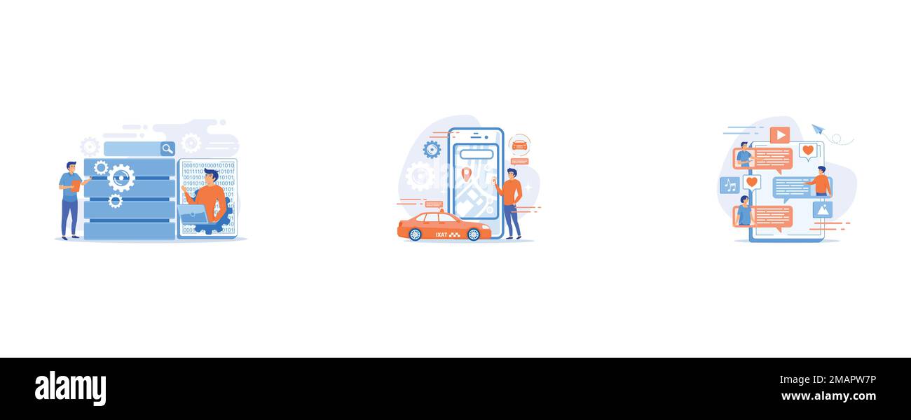 Developer using big data applications and tablet, A man near huge smartphone with city map and gps tags on the screen calls a taxi, Tablet with users Stock Vector