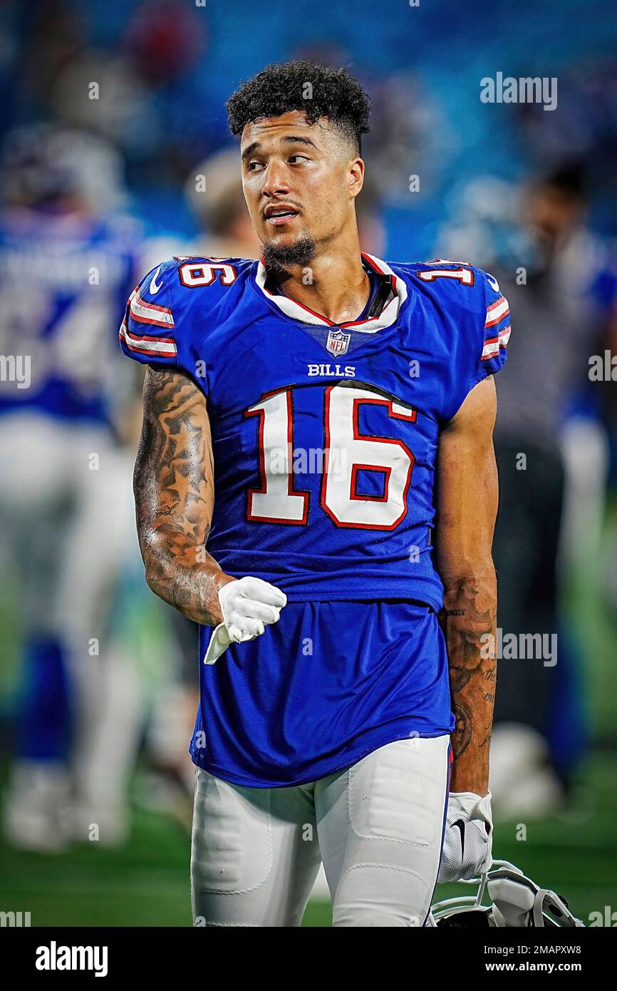 Buffalo Bills wide receiver Isaiah Hodgins (16) walks off the field