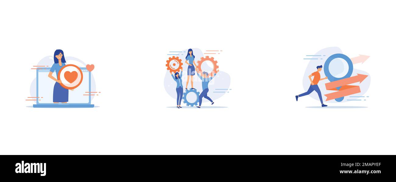 Online dating website, internet date, Effective coworking, Sightseeing tour, landmark visit, set flat vector modern illustration Stock Vector