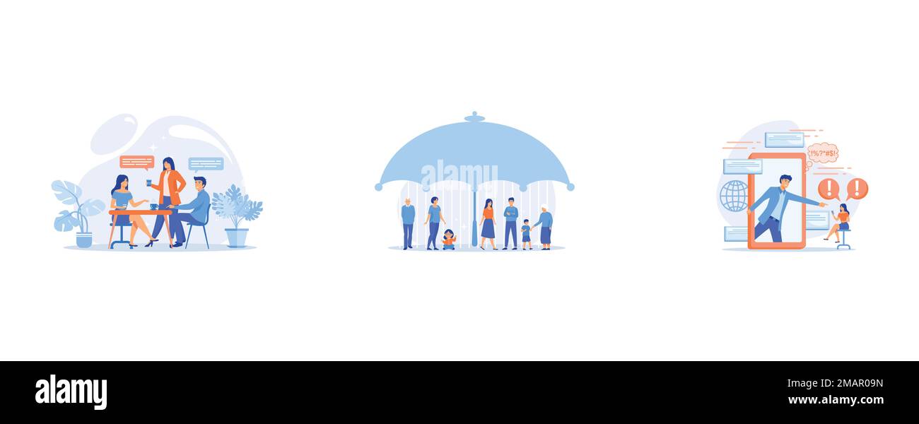 Group of friends sitting at the table talking, drinking coffee and tea, tiny people, Individuals under umbrella protection against economic hazards, B Stock Vector