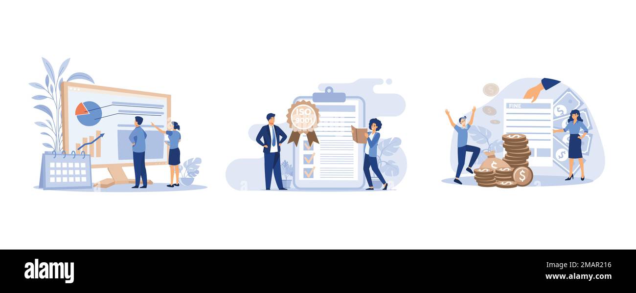 Young tiny analysts preparing monthly report, Tiny business people passed standard quality control, Tiny people getting paper sheet with fine, set fla Stock Vector