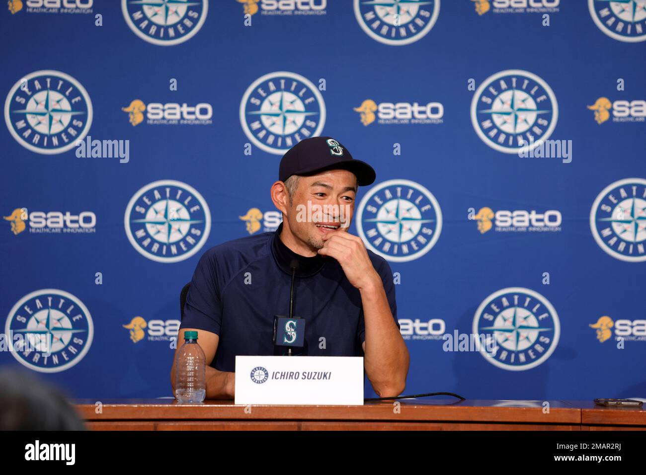 Seattle Mariners former baseball player Ichiro Suzuki, meets with the news  media, Friday, Aug. 26, 2022, in Seattle the day before his induction into  the Mariners' Hall of Fame. (AP Photo/John Froschauer