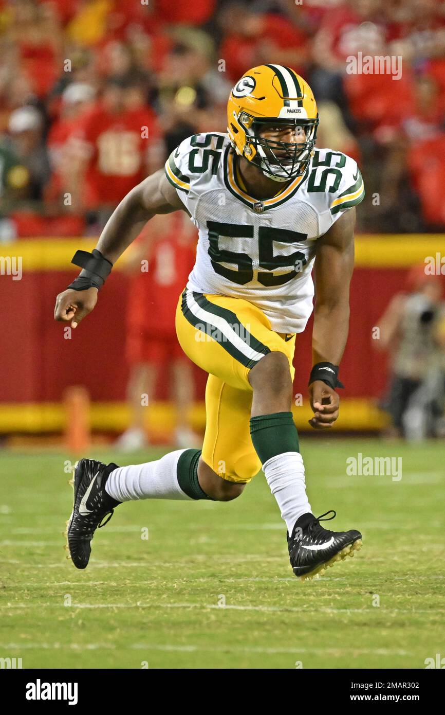 Green Bay Packers linebacker Kingsley Enagbare (55) gets set on defense  during an NFL pre-season football game against the Kansas City Chiefs  Thursday, Aug. 25, 2022, in Kansas City, Mo. (AP Photo/Peter