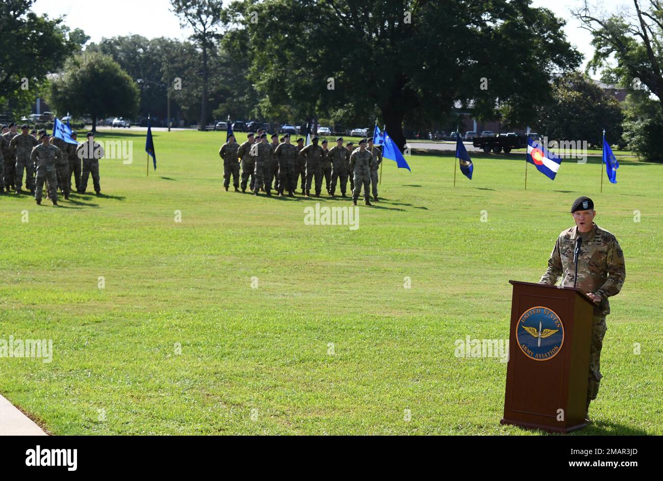 Col. Michael S. Johnson, 110th Aviation Brigade commander, gives remarks during the 1st Battalion, 11th Aviation Regiment Change of Command Ceremony at Howze Field, June 3, 2022, Fort Rucker, Ala. Stock Photo