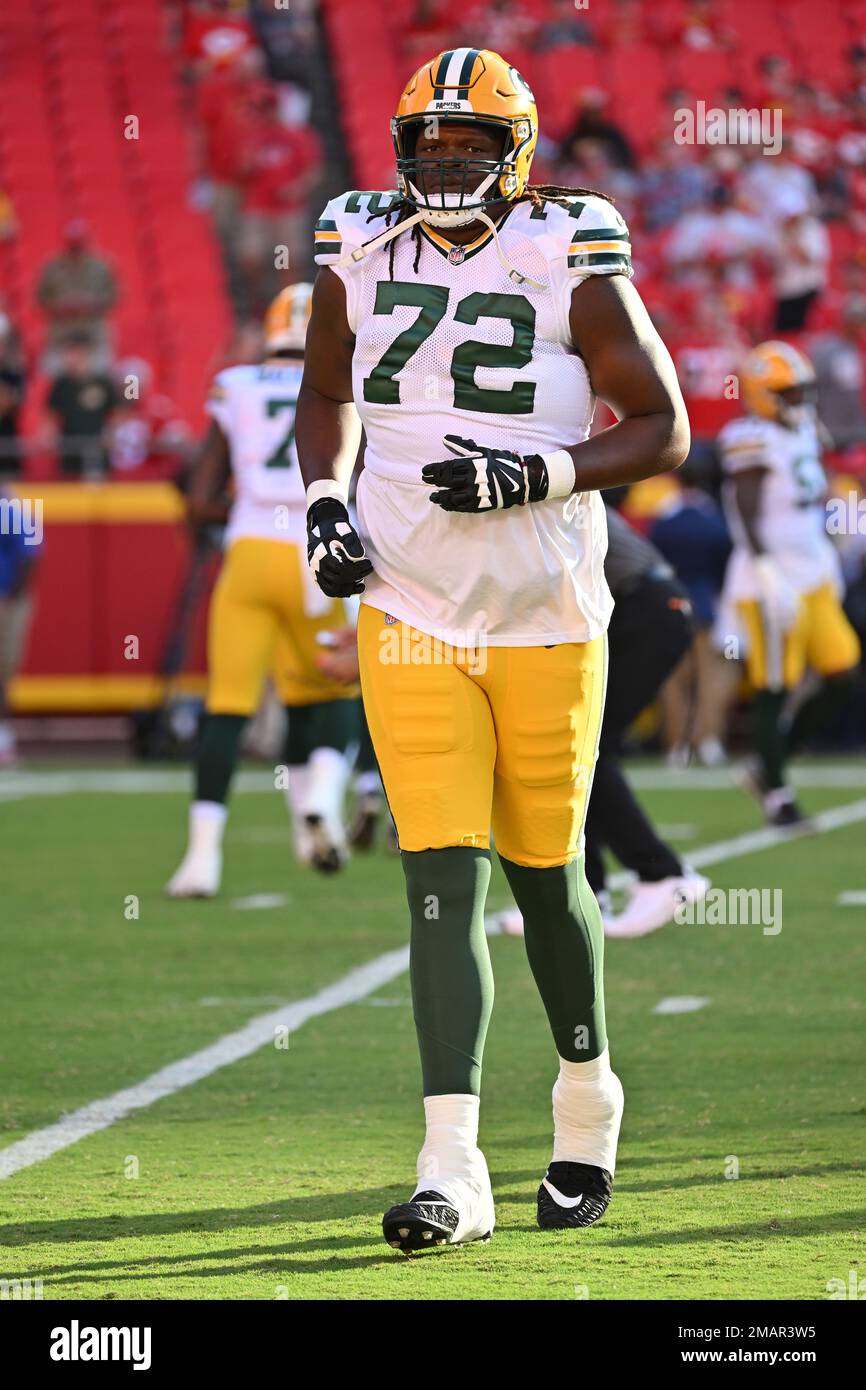 Green Bay Packers offensive tackle Caleb Jones (72) works out before an NFL  pre-season football game against the Kansas City Chiefs Thursday, Aug. 25,  2022, in Kansas City, Mo. (AP Photo/Peter Aiken