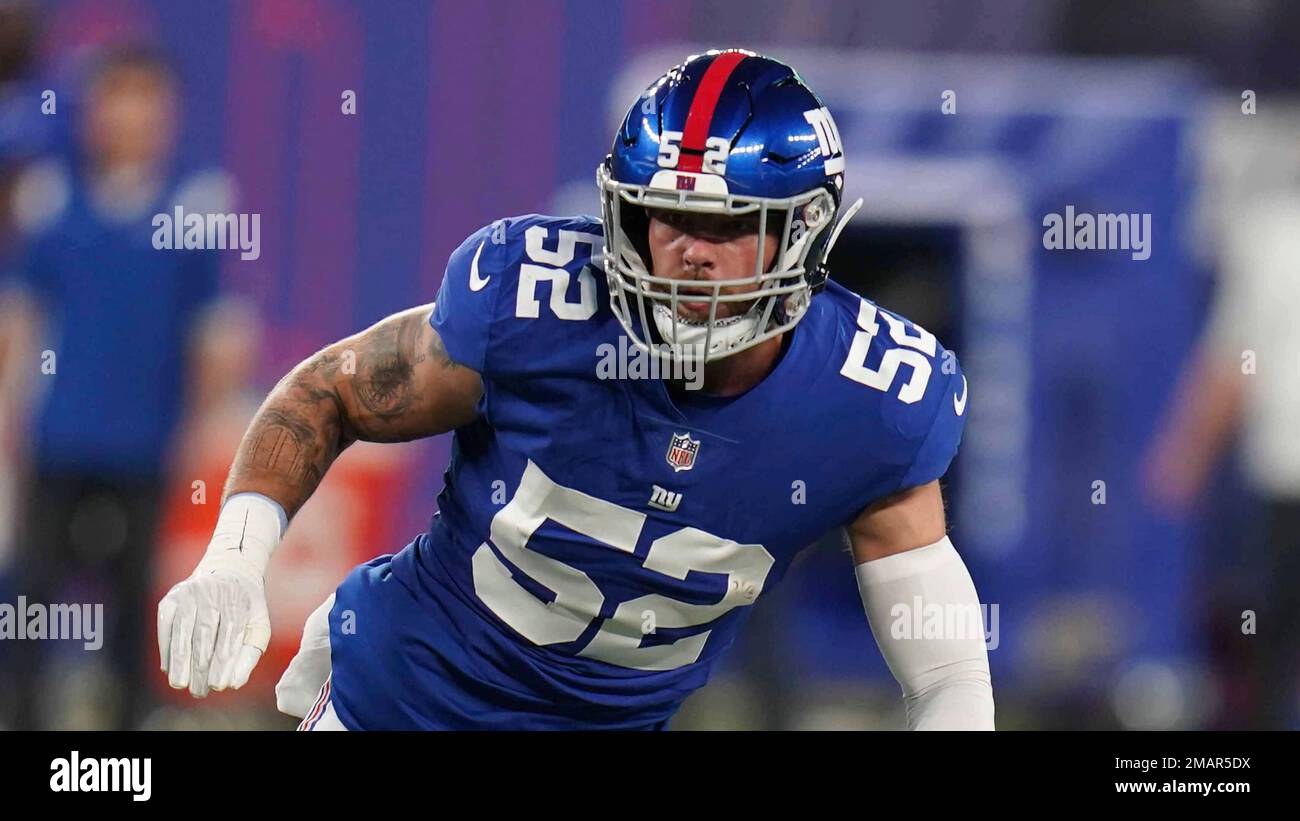 New York Giants linebacker Carter Coughlin (52) during an NFL preseason  football game against the Cincinnati Bengals, Sunday, Aug. 21, 2022 in East  Rutherford, N.J. The Giants won 25-22. (AP Photo/Vera Nieuwenhuis