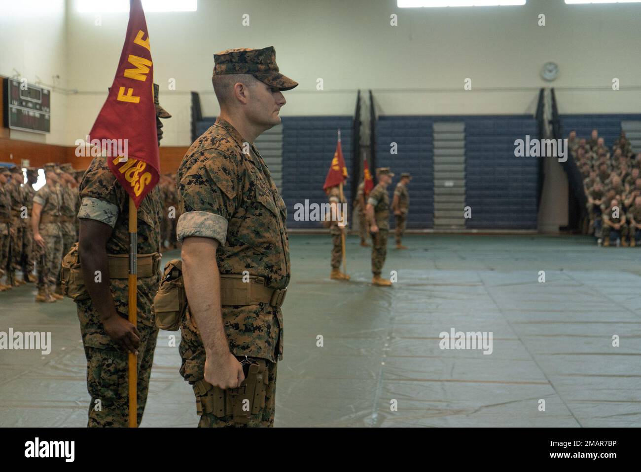 U.S. Marines with 4th Marines, 3d Marine Division conduct a change of command ceremony on Camp Schwab, Okinawa, Japan, June 3, 2022. The ceremony represented the transfer of responsibility, authority, and accountability from Col. Matthew Tracy to Col. Erick Clark Stock Photo