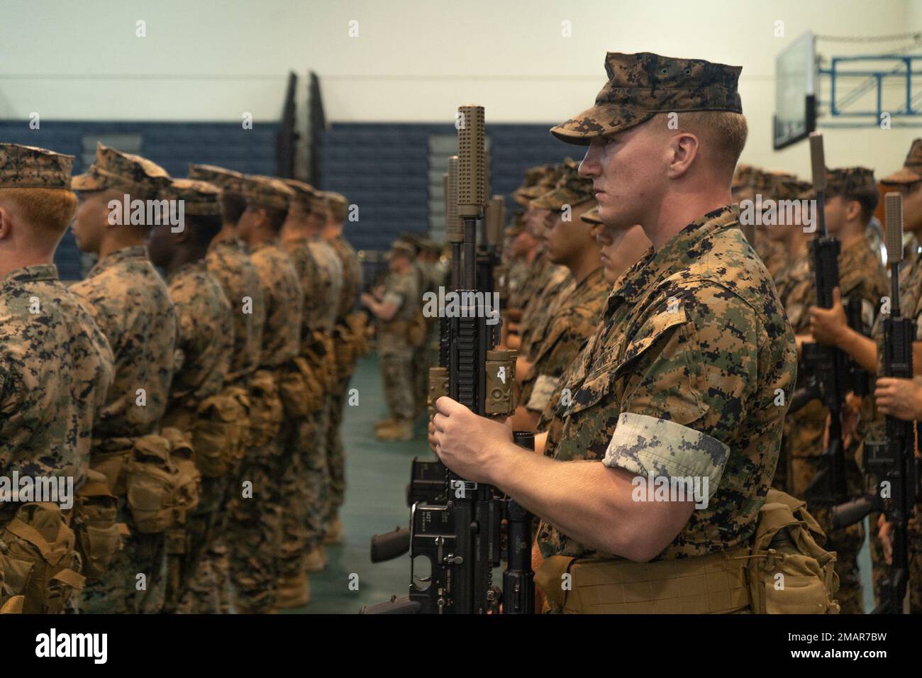 U.S. Marines with 4th Marines, 3d Marine Division conduct a change of command ceremony on Camp Schwab, Okinawa, Japan, June 3, 2022. The ceremony represented the transfer of responsibility, authority, and accountability from Col. Matthew Tracy to Col. Erick Clark Stock Photo