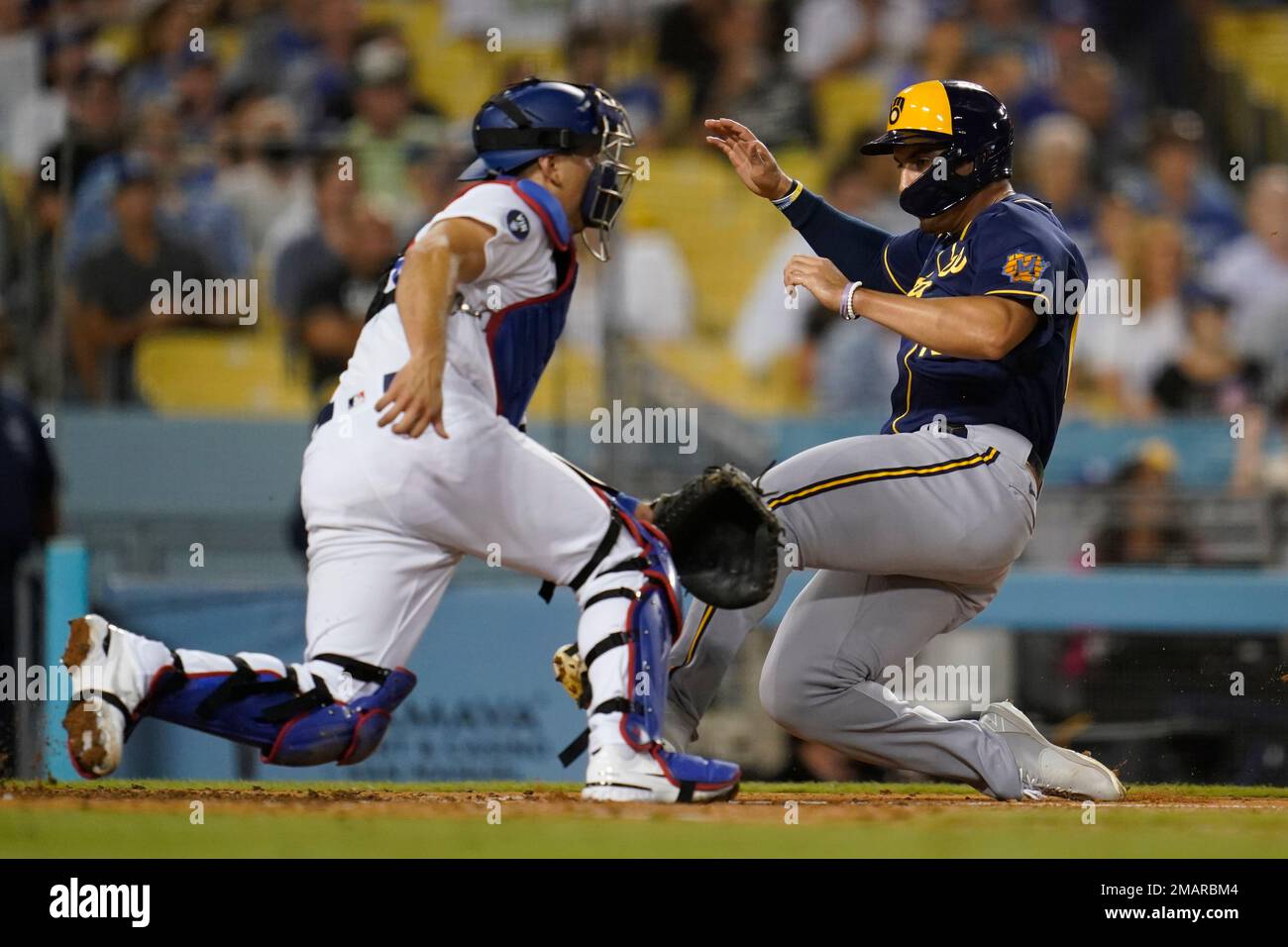 Milwaukee, WI, USA. 16th Apr, 2021. Milwaukee Brewers right fielder Tyrone  Taylor #42 looks toward the Brewers bench after hitting a run scoring  double in the 5th inning of the Major League