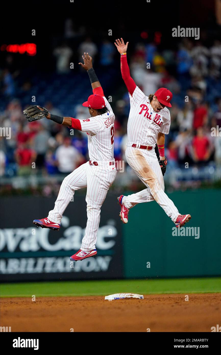 Philadelphia Phillies' Jean Segura, left, and Bryson Stott celebrate after  a baseball game, Wednesday, Aug. 24, 2022, in Philadelphia. (AP Photo/Matt  Slocum Stock Photo - Alamy