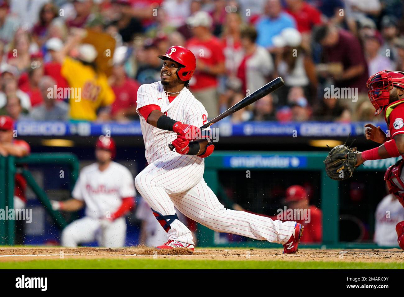 Philadelphia Phillies' Jean Segura celebrates after a home run during a  baseball game, Wednesday, Sept. 7, 2022, in Philadelphia. (AP Photo/Matt  Slocum Stock Photo - Alamy