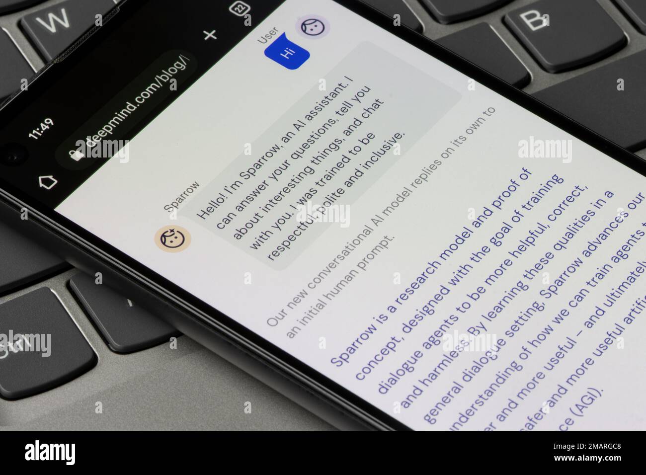 Webpage of Sparrow, an AI chatbot based on Deepmind's Chinchilla language model, is seen on a smartphone, on Jan 18, 2023. Stock Photo