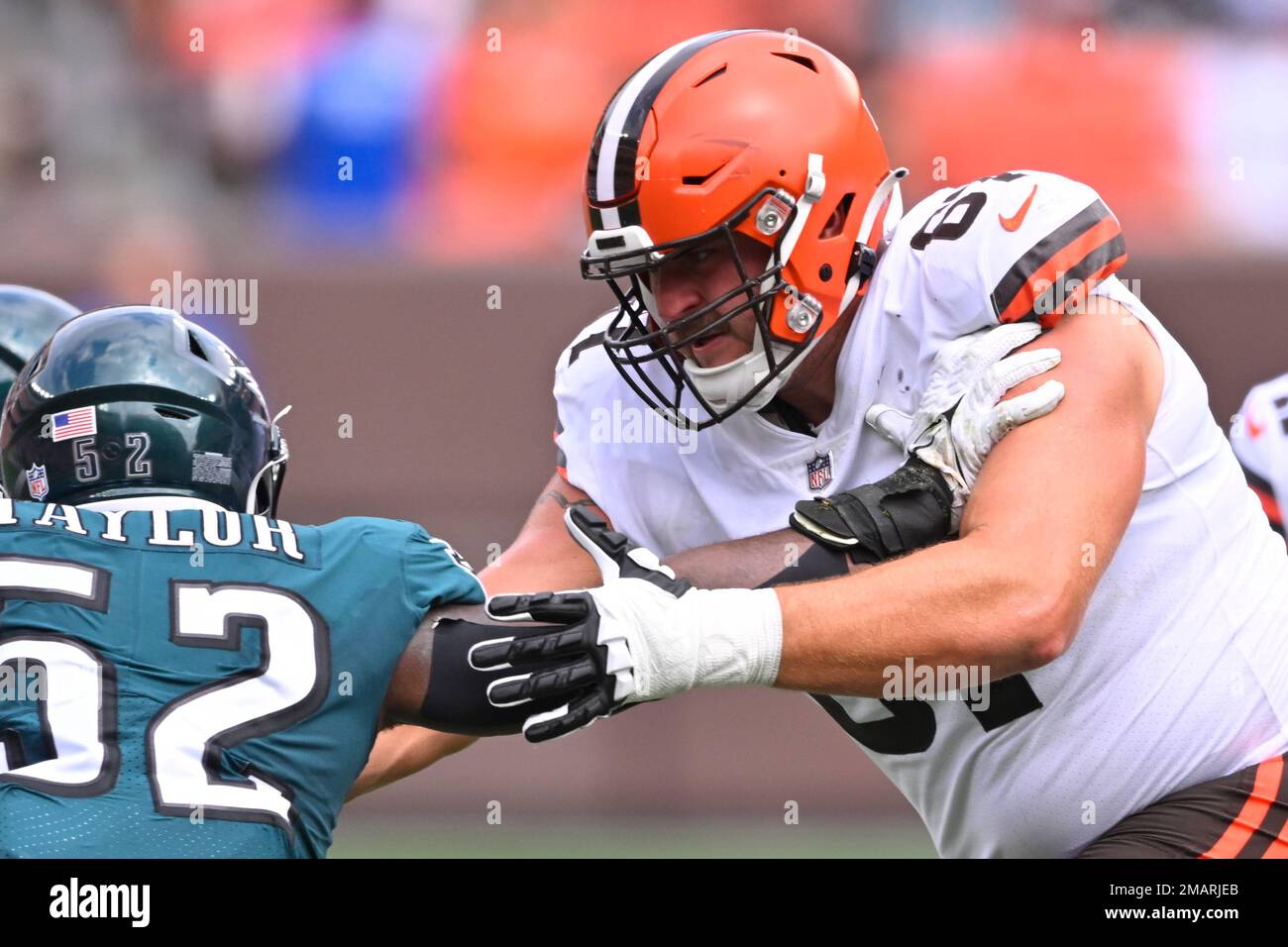 Cleveland Browns offensive tackle Ben Petrula (67) looks to make a block  during an NFL preseason football game against the Philadelphia Eagles,  Sunday, Aug. 21, 2022, in Cleveland. (AP Photo/Kirk Irwin Stock