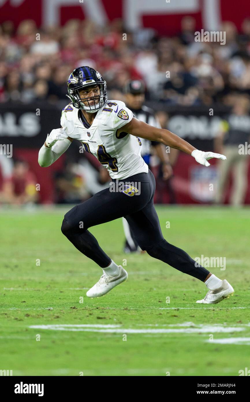 Baltimore Ravens safety Kyle Hamilton (14) lines up against the Arizona  Cardinals during the first half of an NFL preseason football game, Sunday,  Aug. 21, 2022, in Glendale, Ariz. (AP Photo/Rick Scuteri