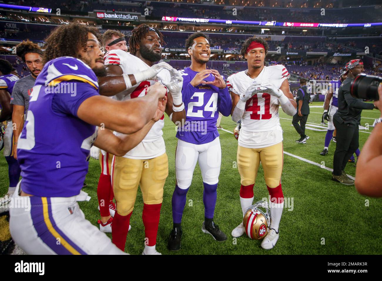 San Francisco 49ers linebacker Segun Olubi (49) lines up for play during  the second half of an NFL preseason football game against the Minnesota  Vikings Saturday, Aug. 20, 2022, in Minneapolis. (AP