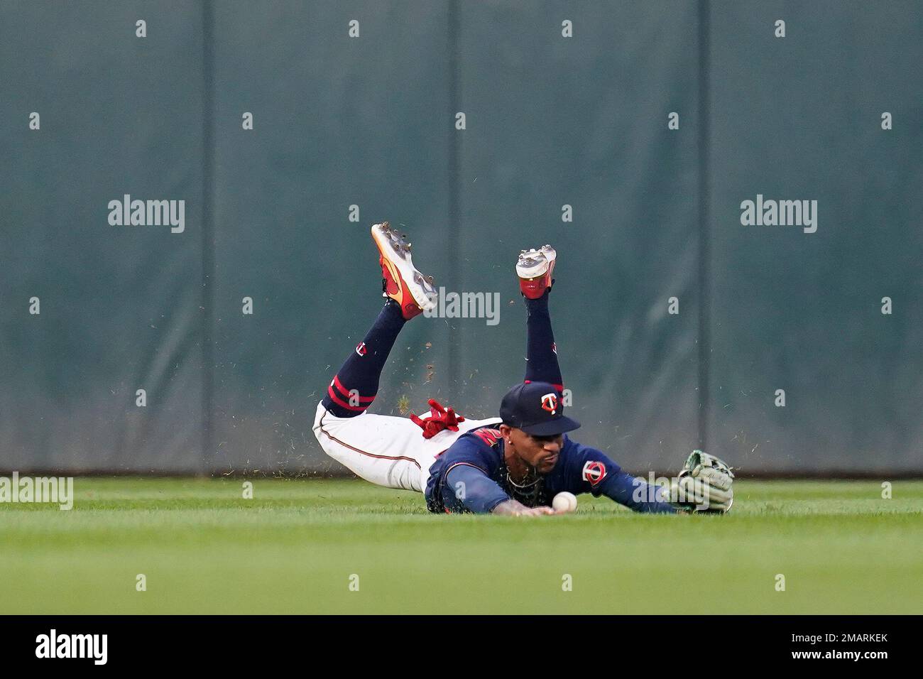 Minnesota Twins center fielder Byron Buxton fails to catch a single by  Texas Rangers' Ezequiel Duran during the sixth inning of a baseball game  Monday, Aug. 22, 2022, in Minneapolis. (AP Photo/Abbie