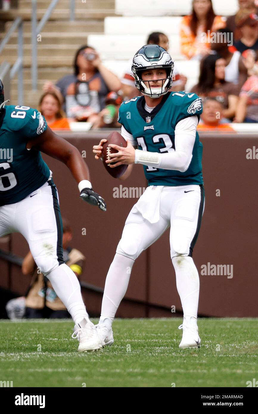 Philadelphia Eagles quarterback Reid Sinnett (13) looks to pass the ball  during an NFL preseason football game against the Cleveland Browns, Sunday,  Aug. 21, 2022, in Cleveland. (AP Photo/Kirk Irwin Stock Photo - Alamy