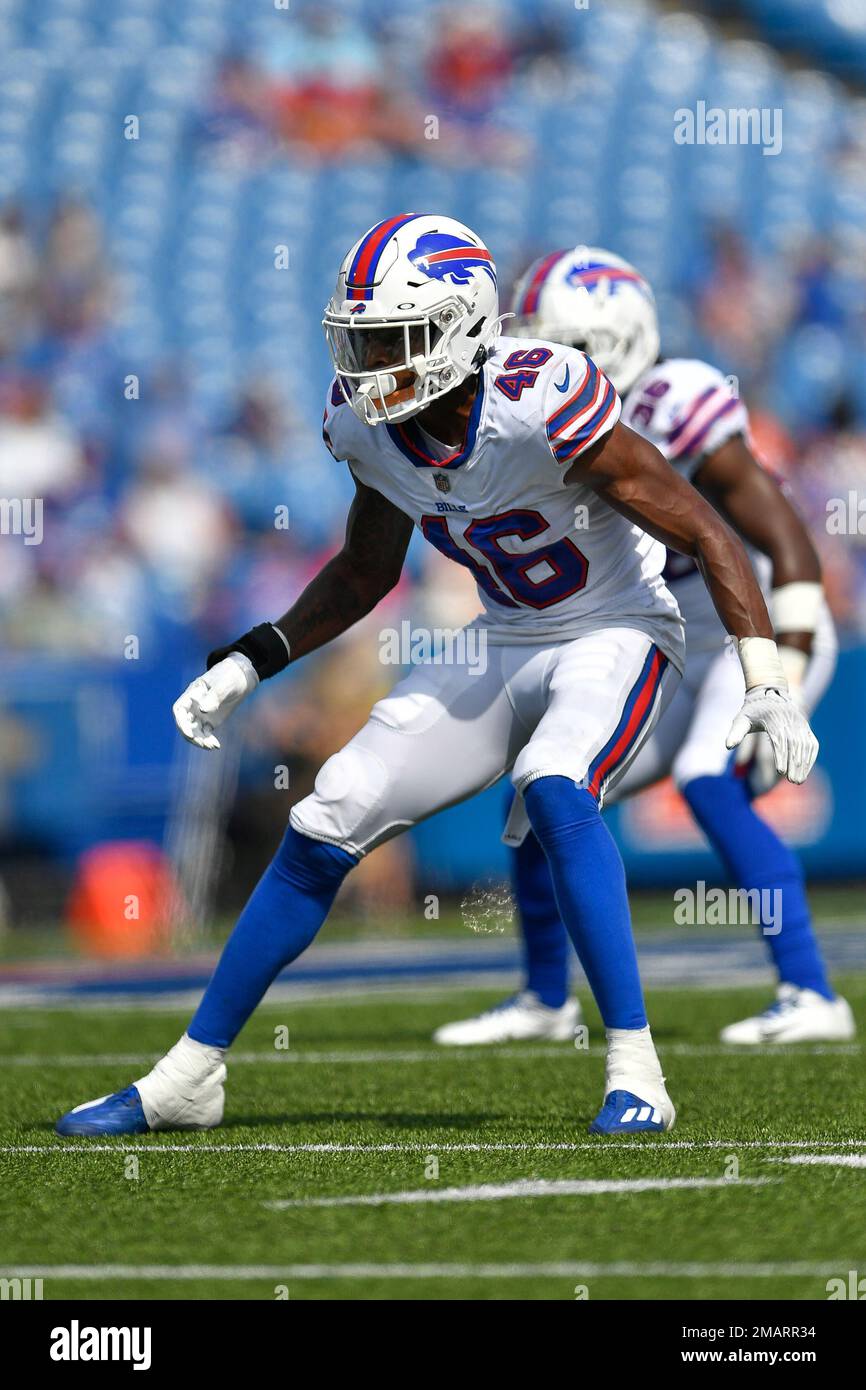 Buffalo Bills cornerback Ja'Marcus Ingram runs on the field during the  second half of a preseason NFL football game against the Denver Broncos in  Orchard Park, N.Y., Saturday, Aug. 20, 2022. (AP