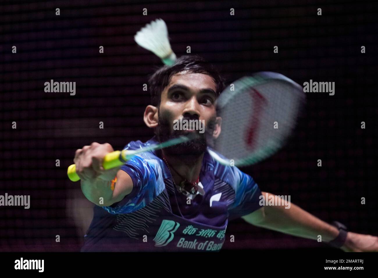 Kidambi Srikanth of India competes during a badminton game of the mens singles against Nhat Nguyen of Ireland in the BWF World Championships in Tokyo, Monday, Aug