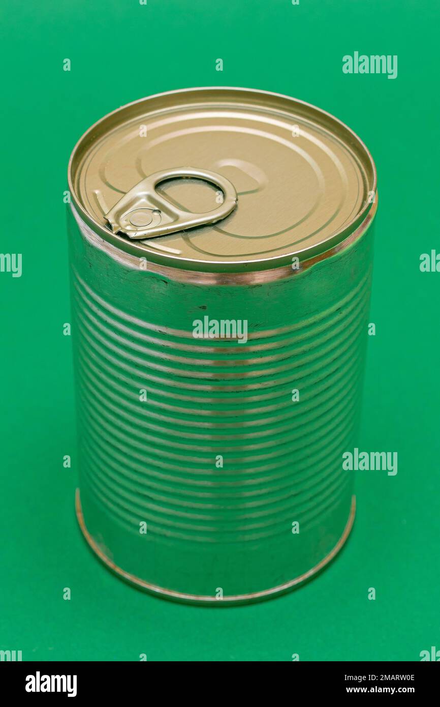 Unopened Tin Can with Blank Edge on Green Background. Canned Food