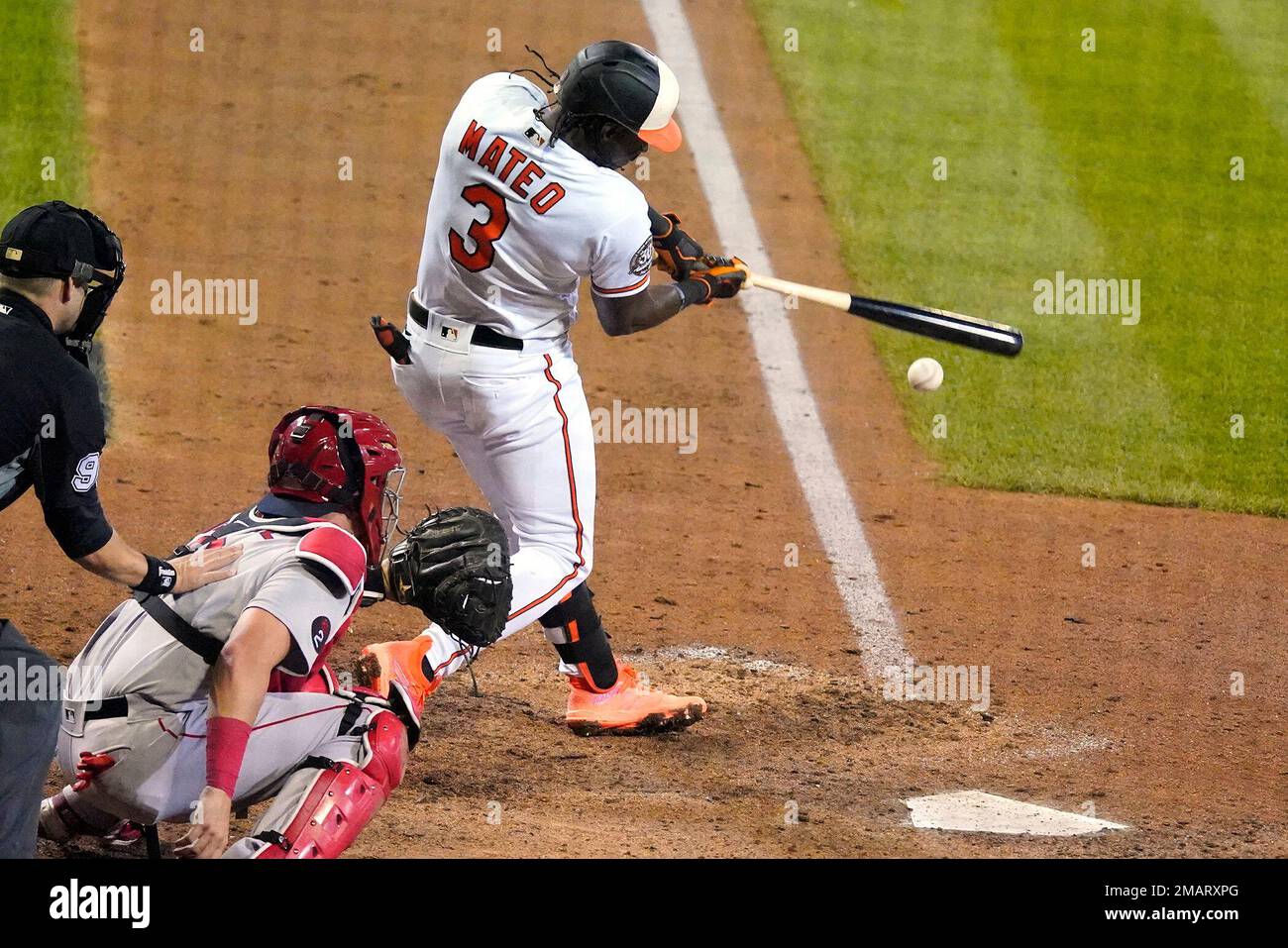 Baltimore Orioles' Jorge Mateo hits an inside-the-park home run during the  second inning of a baseball game against the Oakland Athletics in Oakland,  Calif., Sunday, Aug. 20, 2023. (AP Photo/Jeff Chiu Stock