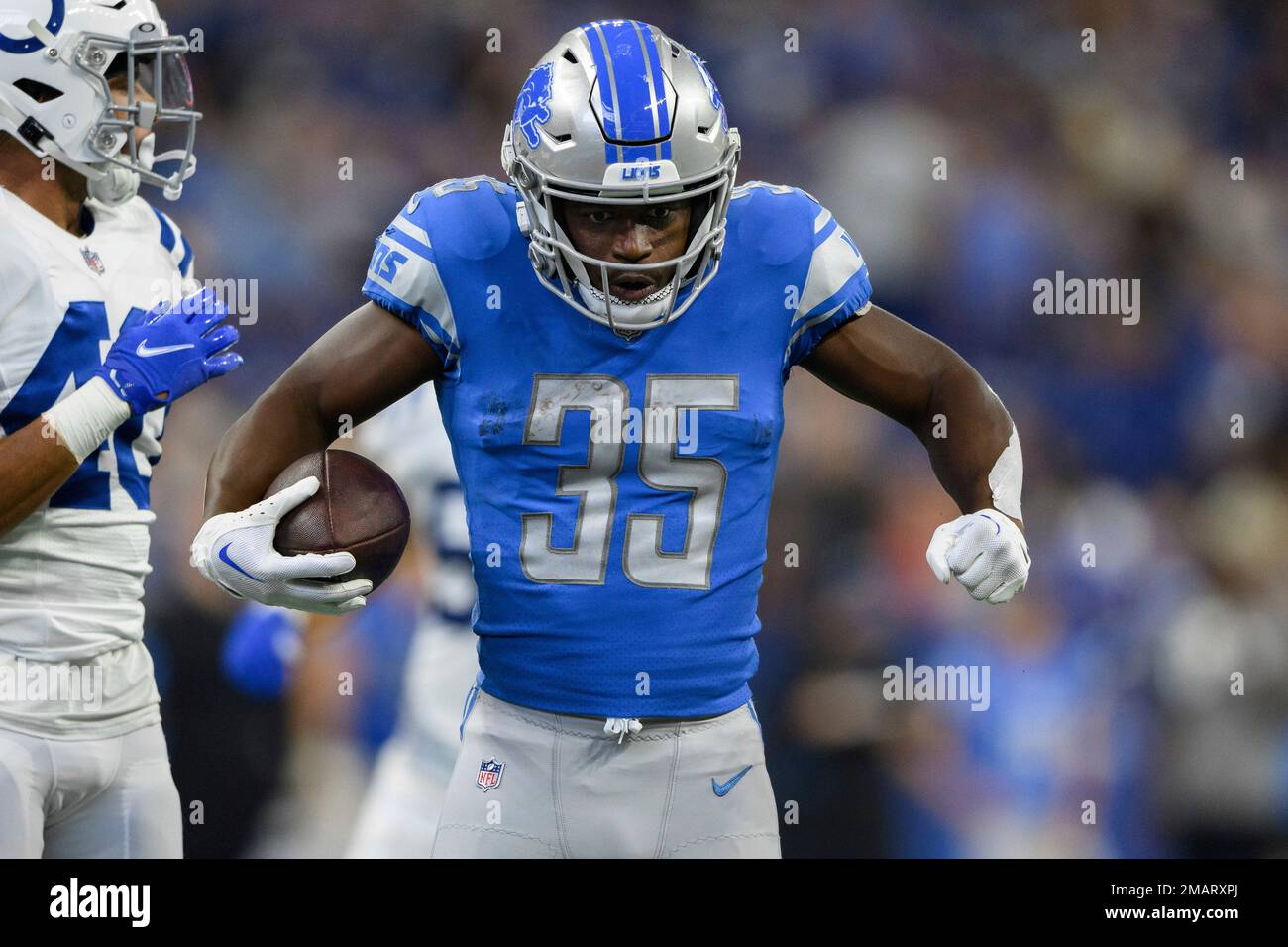 Detroit Lions running back Godwin Igwebuike (35) celebrates after a long  run during an NFL football game against the Indianapolis Colts, Saturday,  Aug. 20, 2022, in Indianapolis. (AP Photo/Zach Bolinger Stock Photo - Alamy