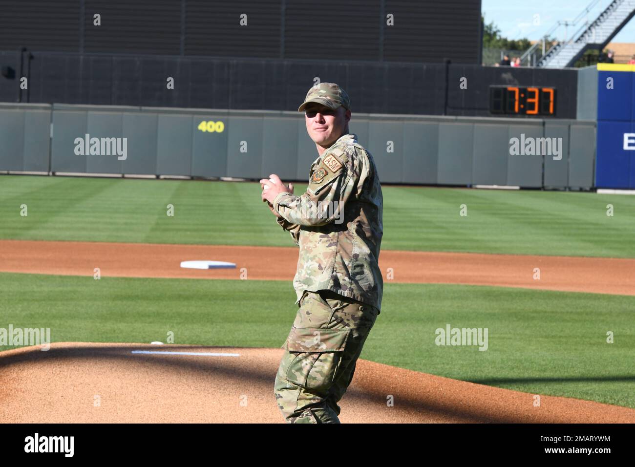Senior Airman Jason Barnett, 22nd Maintenance Squadron aircraft structural maintenance journeyman, threw the first pitch at the Wichita Wind Surge game June 3rd, 2022 at Riverfront Stadium, Wichita, Kansas. Barnett was part of a maintenance team that applied the Wind Surge’s logo to a McConnell Air Force Base KC-46. Stock Photo
