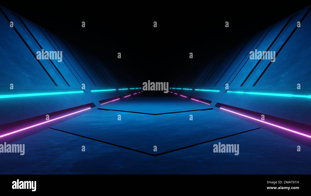3d rendering of spaceship corridor neon glowing blue purple background ...