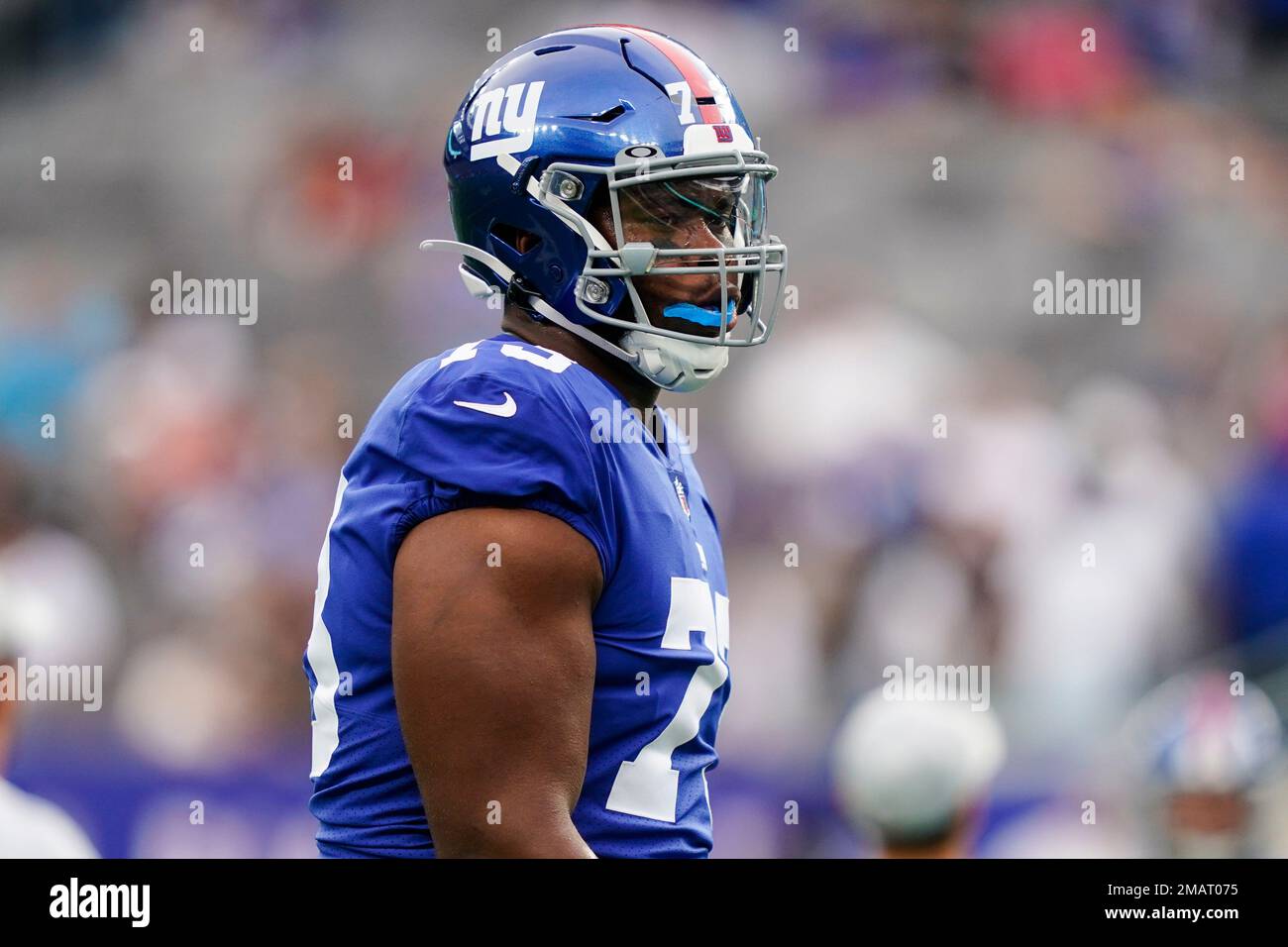 New York Giants lineman Evan Neal during an NFL preseason football