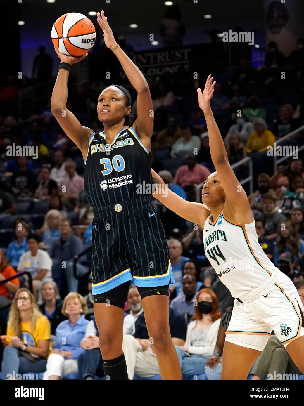 Chicago Sky's Azura Stevens shoots past New York Liberty's Betnijah