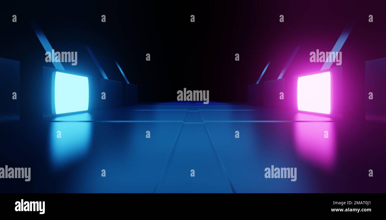 3d rendering of spaceship corridor neon glowing blue purple background ...