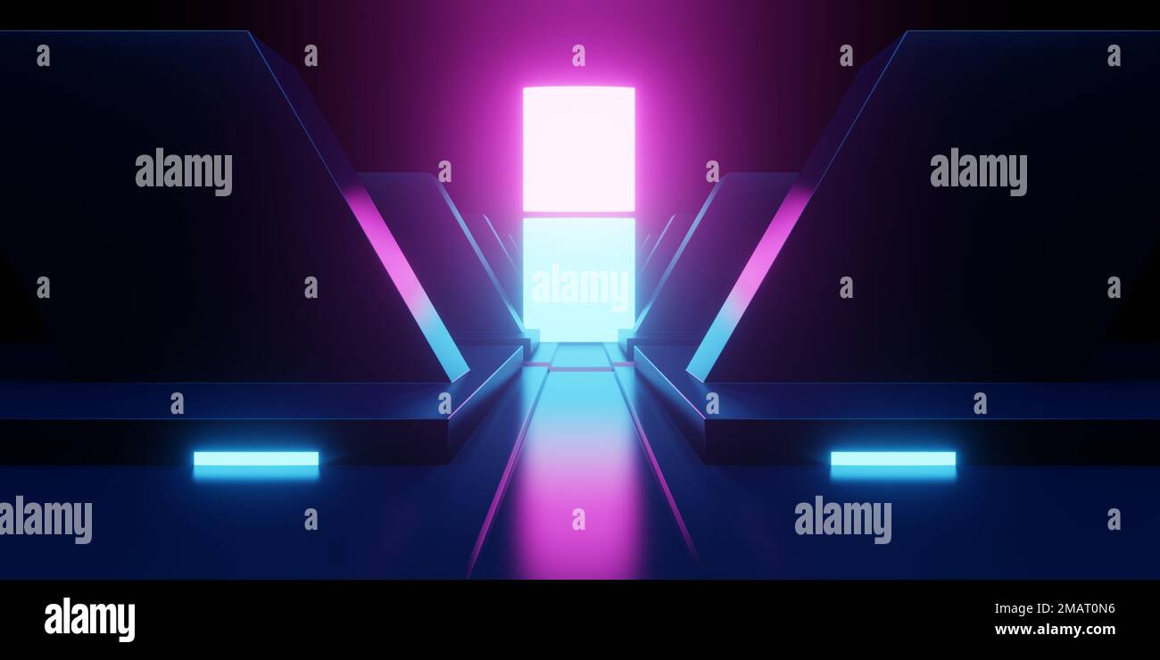 3d rendering of spaceship corridor neon glowing blue purple background ...