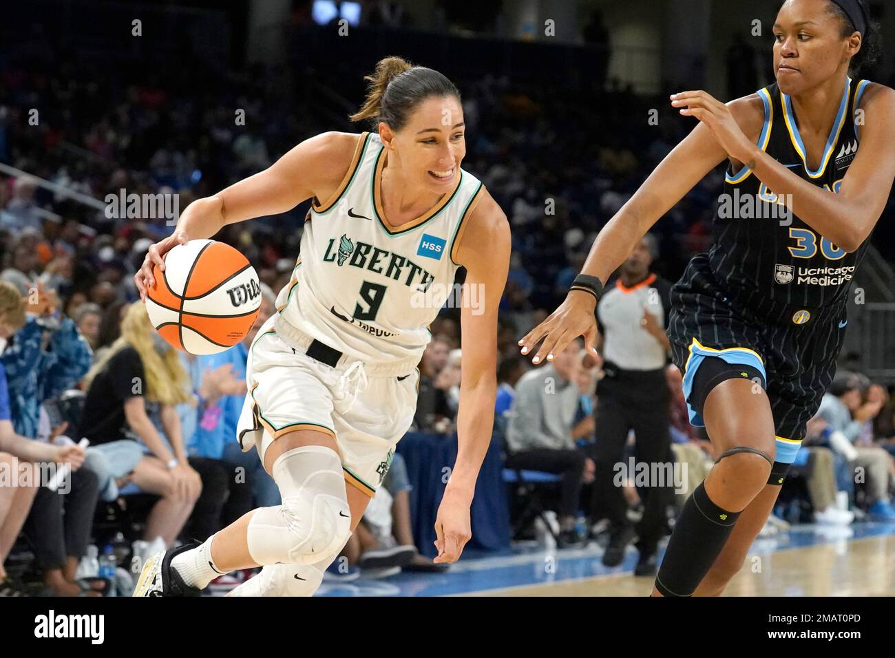 New York Liberty's Rebecca Allen (9) drives to the basket as Chicago Sky's  Azura Stevens defends during the second half in Game 2 of a WNBA basketball  first-round playoff series, Saturday, Aug.