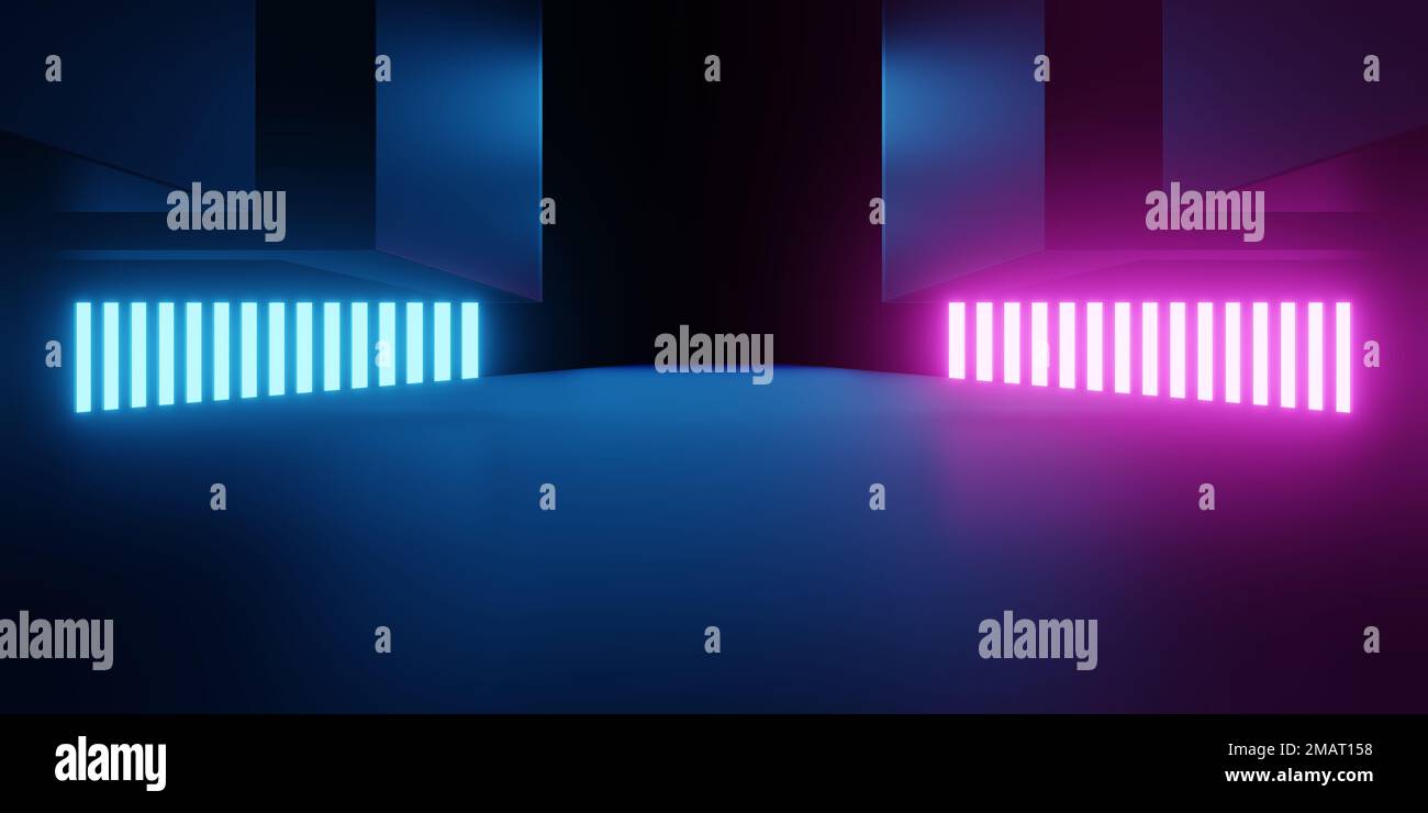3d rendering of spaceship corridor neon glowing blue purple background ...
