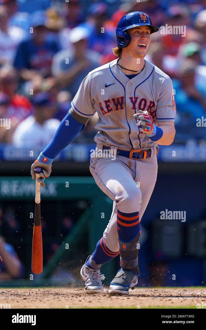 New York Mets' Tyler Naquin in action during the first baseball game of a  doubleheader against the Philadelphia Phillies, Saturday, Aug. 20, 2022, in  Philadelphia. The Mets won 8-2. (AP Photo/Chris Szagola